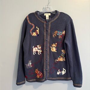 Vintage Bechamel Women’s Medium Cat Dog Cardigan Sweater Blue Embroidered Knit